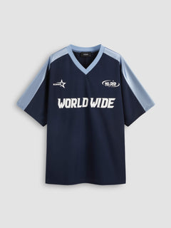 WORLD WIDE V-neck Graphic Raglan Tee