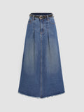 Denim High Waist Pleated Belted Maxi Skirt