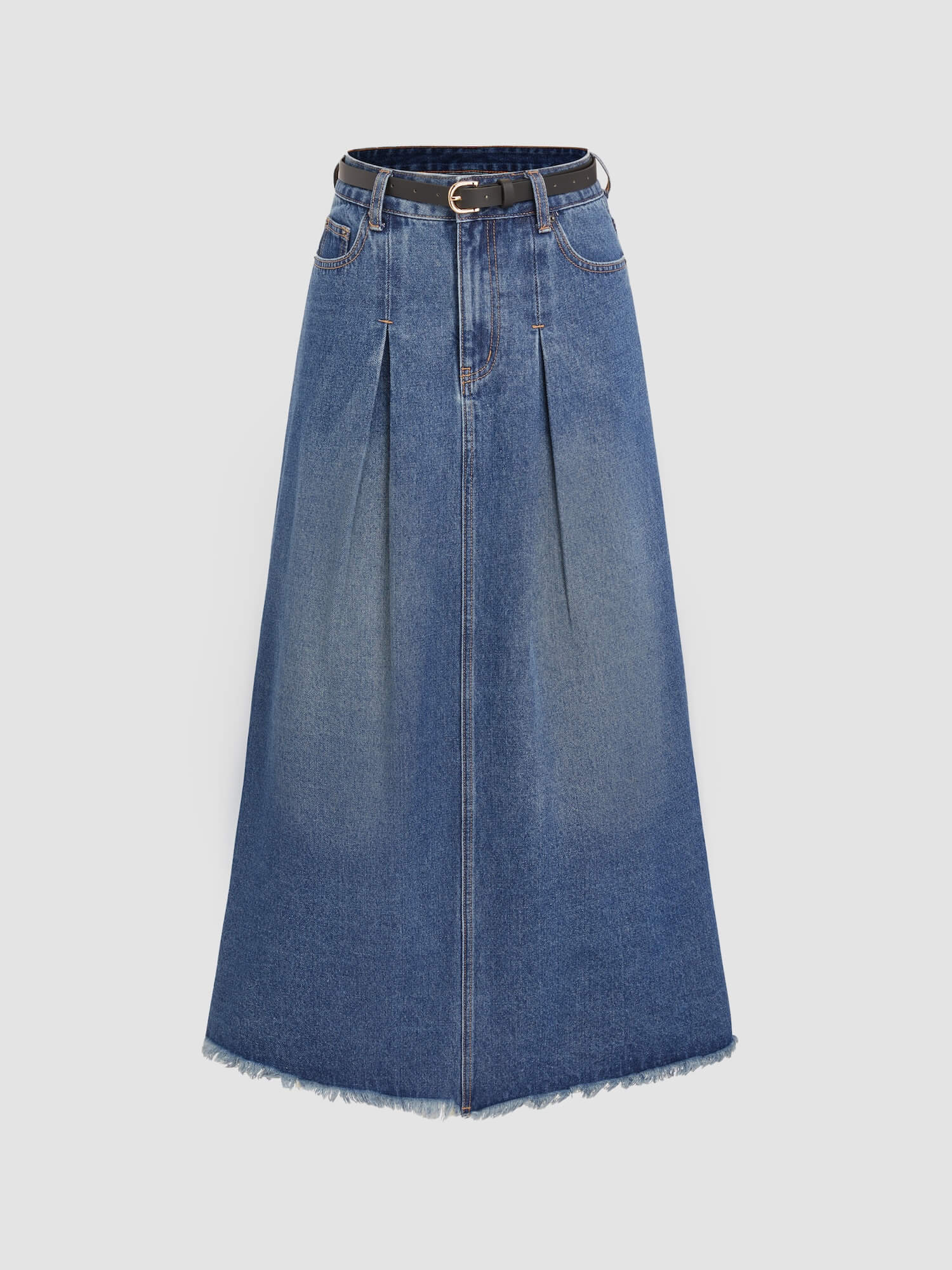 Denim High Waist Pleated Belted Maxi Skirt