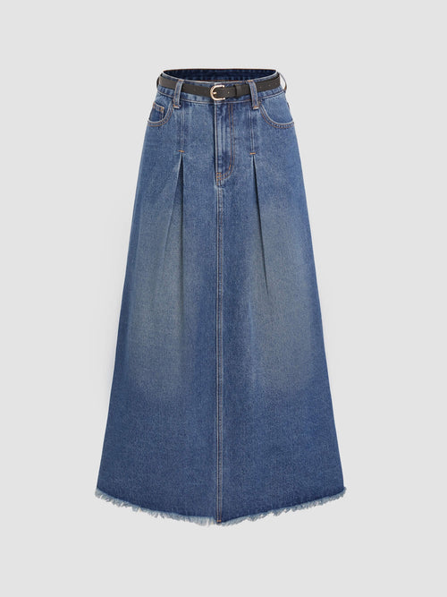 Denim High Waist Pleated Belted Maxi Skirt