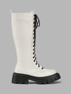 Faux Leather Lace Up Knee-high Boots