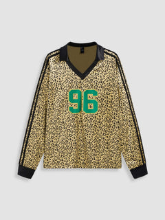 V-neck Leopard Contrasting Binding Long Sleeve Top