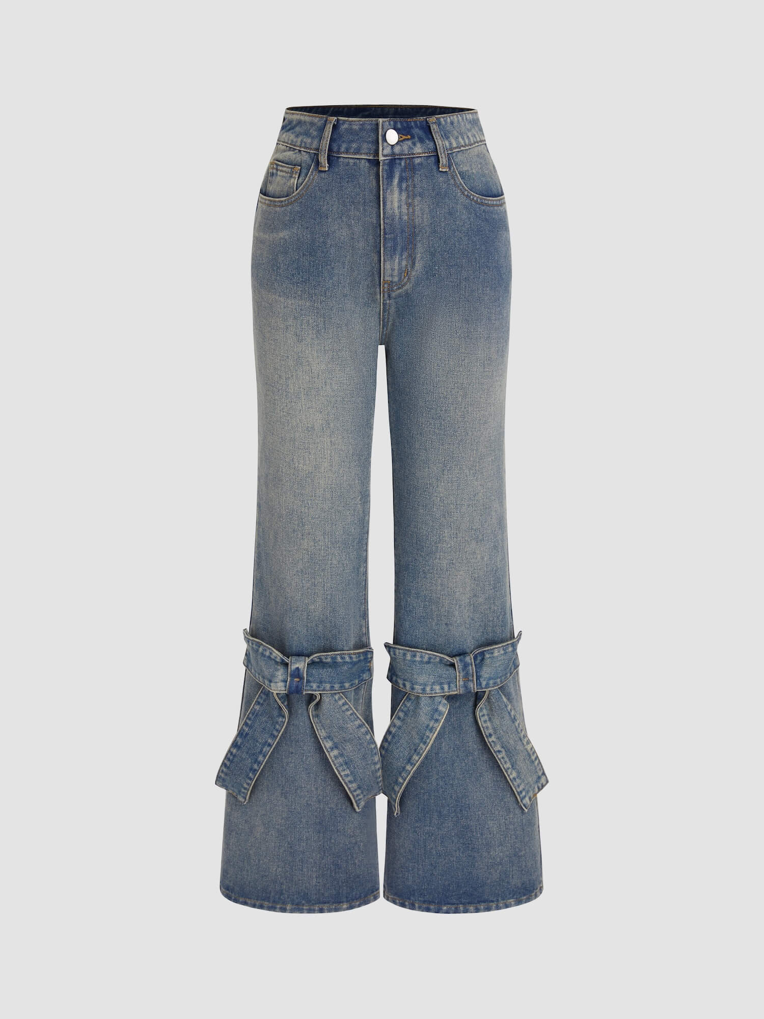 Denim Mid Waist Solid Bowknot Flared Jeans